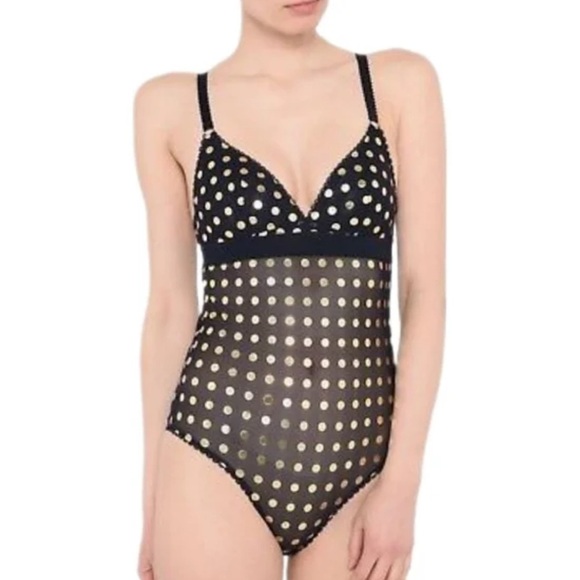 Stella McCartney Florence Fluttering Metallic Polka Dot Mesh Bodysuit Ink Gold S - Picture 2 of 8